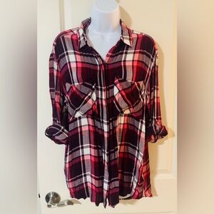 Express Maroon and Pink Plaid Button-Down Shirt